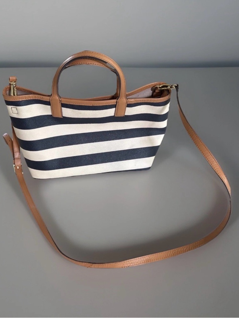 Tory Burch Navy and Cream Striped Tote with Tan Leather Accents - Picture 4 of 16